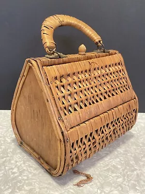 Vtg Woven Wicker Rattan Purse Teardrop Wooden Sides Basket Bag Handbag • $30