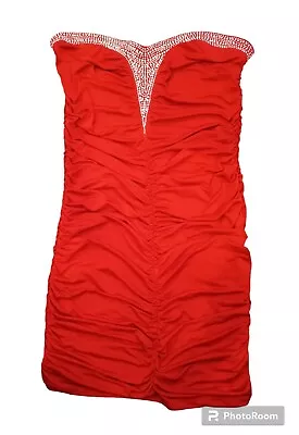 Milky Way Red Strapless Rhinestone Ruching Dress Size Large • $19.95