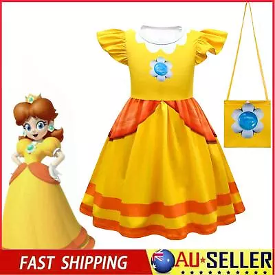 Girls Daisy Princess Super Mario Bros Cosplay Costume Dress Party Fancy + Bag AU • $29.61