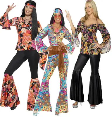 Ladies Hippie Hippy Flares + Top Outfit Adult 60s 70s Fancy Dress Womens Costume • £20.99