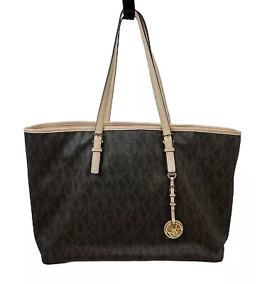 Michael Kors Signature Jet Set Brown Large Travel Tote Laptop PVC Bag Purse  • $89.99