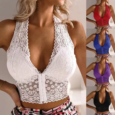 Women Sexy Lace Bralette Bralet Bra Crop Tops Halter Neck Sports Sleeveless Vest • £7.39