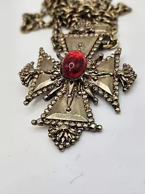 Maltese Cross Chunky Brass Red Cabachon Goldtone Heavy 28  Link Chain Punk Goth • $39