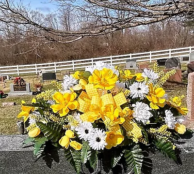 Spring Yellow And  White Sympathy Flowersfloral Headstone Saddlegrave Flowers • $101