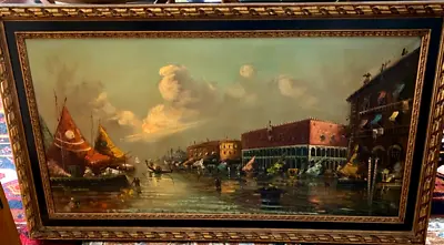 VINTAGE Venice Italy Grand Canal Oil Painting On Canvas 31”x 55  Framed Signed • $699