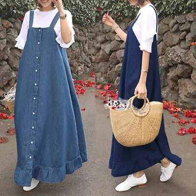 £12.49 • Buy UK Women Front Buttons Pinafore Dungaree Demin Dress Jeans Casual Loose Dresses