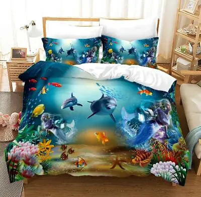 Dolphin Mermaid Ocean Duvet Quilt Cover Single Double Bedding Set Pillowcase • £21.05