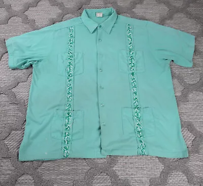 Haband Guayabera Shirt Mens Extra Large Green Embroidered Striped Camp • $9.89