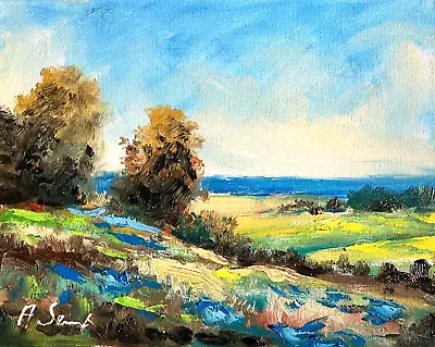 Trees Sunny Meadows Horizon Lavender LANDSCAPE Oil Painting Impressionist • $35.38