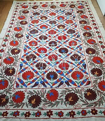 Hand Embroidered Suzani FabricUzbek Tapestry Wall Hangingtableclothbed Cover • $238.99