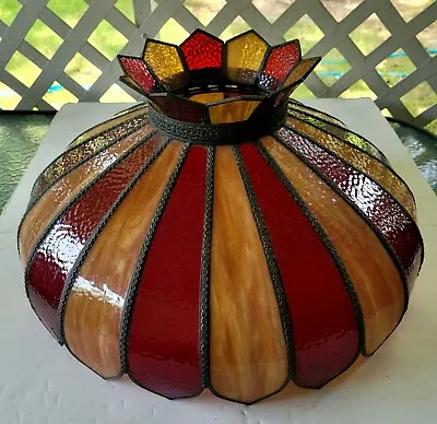 Large 22  Vintage Slag And Ruby 20 Panel Stained Glass Lamp Shade Hanging • $119