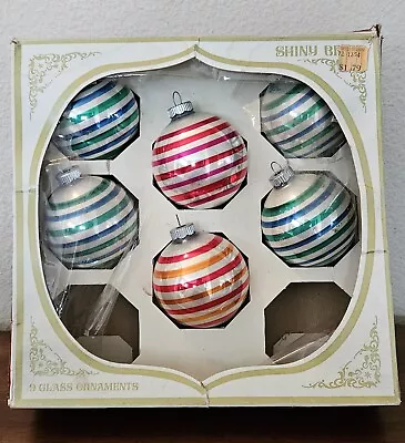 VTG Shiny Brite Round Striped Glass Christmas Ornaments. Lot Of 6 In Box.  • $26.95