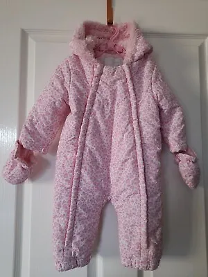 Baby Girl's All In One Pink And White Heart Snowsuit Coat Pramsuit 6-9 Months • £6.99