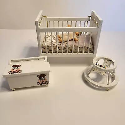 VTG Dollhouse Miniature Furniture Baby Room Nursery Toy Chest Crib White Wooden • $39.99