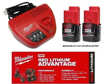 2 New Milwaukee M12  1.5Ah  Li-ion Batteries 48-11-2401 &  Charger 48-59-2401 • $69.99