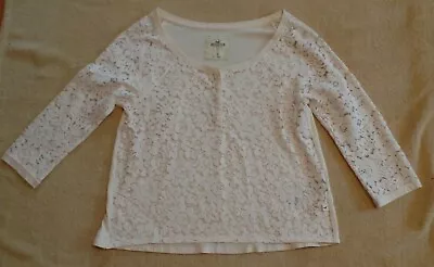 Hollister Ivory Henley T Shirt Small Lace Front &  3/4 Sleeves Cotton Blend • £6.66