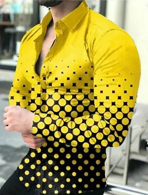 $29.86 • Buy Button Down Shirt Men Polka Dot Gradient Black Yellow Casual Long Sleeve Dress T