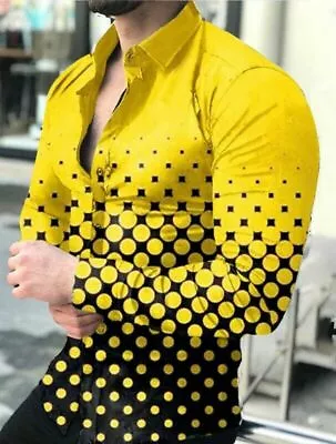 Button Down Shirt Men Polka Dot Gradient Black Yellow Casual Long Sleeve Dress T • $29.86