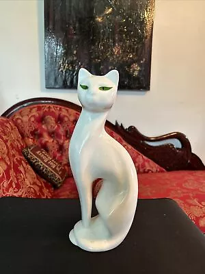 Vtg White Cat With Green Eyes Slim Modern Ceramic Cat Kitty 13x6 Figurine • $48.03