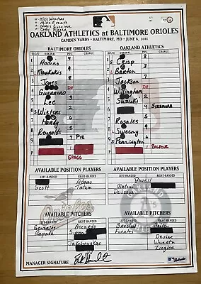 Baltimore Orioles Lineup Card Vs Oakland Athletics - June 6  2011 • $10.50