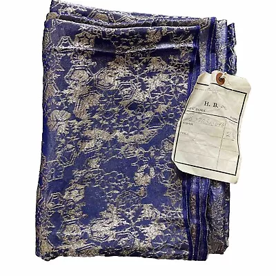 Vtg Silk Brocade Fabric 2.5 Yards 36.7” X 90” Blue Silver Shimmer H.B. Inc NY • $99.98