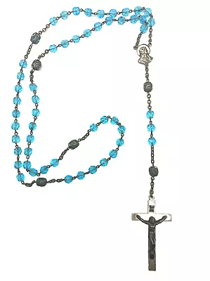 Vintage Rosary Necklace Blue Glass Bead Cross Jesus Madonna Catholicism Italy • $12