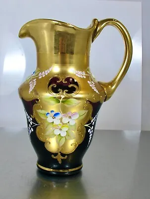 Vtg. Tre Fuochi Venetian Murano Purple Glass 24K Gilded Floral Pitcher • $159.99