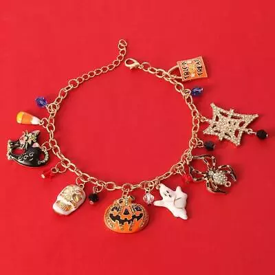 $12.95 • Buy HALLOWEEN CHARM BRACELET Cute Spooky Enamel Charms Ghost Black Cat Spider Skull