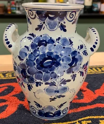 Rare Regina Delft Hand Painted Double Handle Ceramic Vase 6  Holland Signed • $39.99