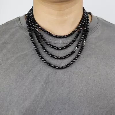 Hip Hop 925Sterling Silver 6mm Black Pearl Beads Chains Necklace For Men Women  • $13.49