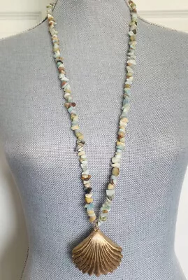 Gold-tone Seashell Necklace Beachy Polished Pebbles Aqua Blues Mermaid 34  Long • $29.99