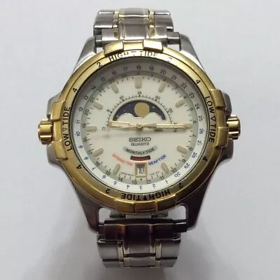 VINTAGE SEIKO TIDE MASTER MOON PHASE MENS WATCH 6F24-7010 WORKING 1990s • $182.14