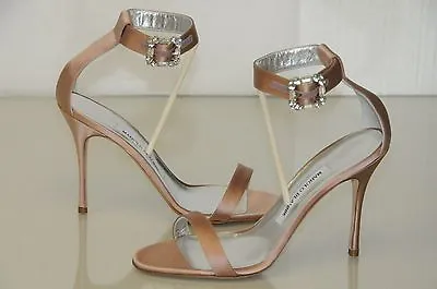 $830 New Manolo Blahnik EUFIDA Beige Nude Satin JEWELED CRYSTAL Sandals Shoes 37 • $599.99