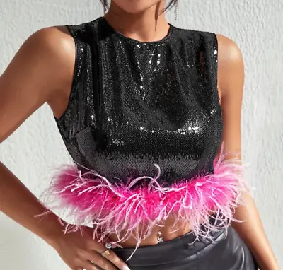 Black Sequin Shiny Contrast Pink Feather Edge Crop Top Zip Back Size S NEW • £9.99