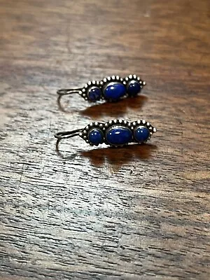 925 Sterling Silver Vintage Cabochon Cut Lapis Lazuli Boho Drop Dangle  Earrings • $45