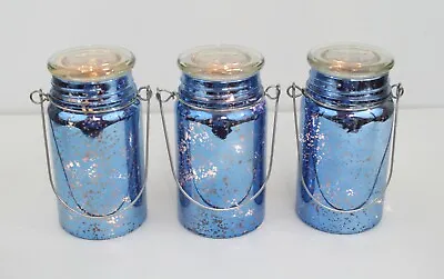 Valerie 3 Mercury Glass Lit Mason Jars Timer Icy Blue Starry Firefly Fairy Light • $17.97