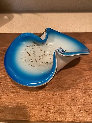 Murano Style Art Glass Blue & White Bowl Ashtray With Gold Flakes Vintage • $45