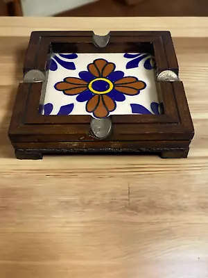 Mexican Tile And Wood Cigar Ashtray With Pesos Blue Brown Footed Trinket Tray • $19.50