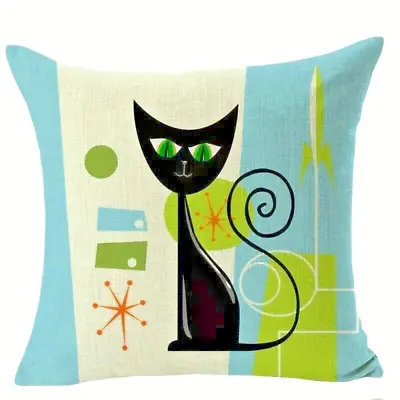 Mid Century Modern Black Cat Atomic Rocket Art Pillow Case Decorative Square • $18.88