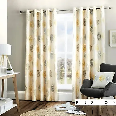 £13.95 • Buy Fusion SKANDI LEAF Ochre Yellow & Grey 100% Cotton Eyelet Curtains & Cushions