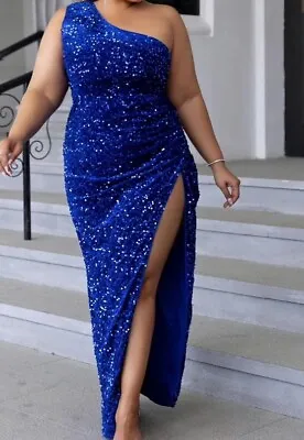 One Shoulder Royal Blue Sequin Evening Gown Prom Dress NEW Plus Size 20 22 24 • £39.99