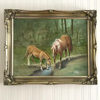 Vintage Painting Horses On Canvas Board Ornate Frame Signed J Hill 18x14 Inches • £30