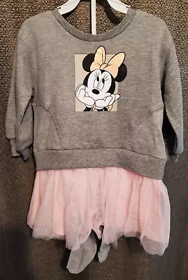 Disney Baby Minnie Mouse Gray Sweatshirt Pink Tutu Dress W/Tights 18 Months NWT • $12