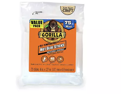 Gorilla Hot Glue Sticks Mini Size 4  Long X .27  Diameter 75 Count Clear • $12.50