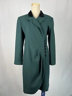 Luisa Spagnoli Wool Green Dress With Velvet Collar And Buttons Size 10uk • £47