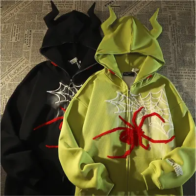 Spider Man Hiphop Devil Horn Zipper Hooded Coat Jacket Tops Loungewear Outwear  • $53.86