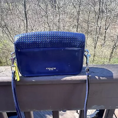 COACH Perforated Navy Blue Leather Citrine Penny Shoulder Crossbody Bag 22387 • $49