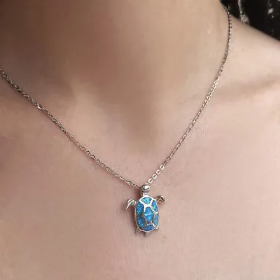 Blue Opal Sea Turtle Pendant Girls Necklace 18  Ocean Beach 925 Sterling Silver • $10.81