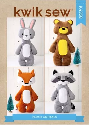 Kwik Sew Sewing Pattern 4358 Plush Toy Animals Bunny Bear Fox Raccoon 36cm-41cm • $16.95