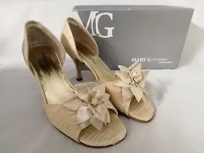 Mary G.  Gold Open Toe Shoe With Flower Decoration To Toe 3.5  Heel Size Uk 8 • £29.99